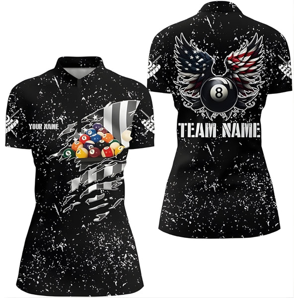 Custom Black American Flag Billiard Jersey Womens, Custom Patriotic Billiard Shirt For Ladies BIZ0207