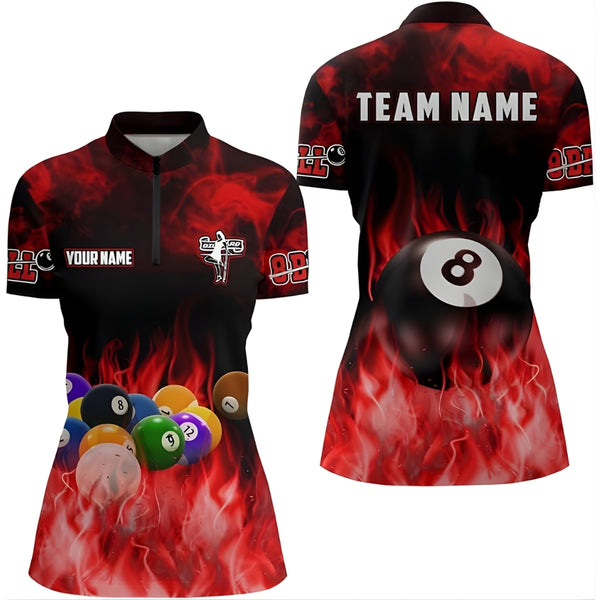 Black And Red Custom Flame Billiard Jersey Women's, Custom Flame Billiard Team Shirt For Ladies BIZ0206