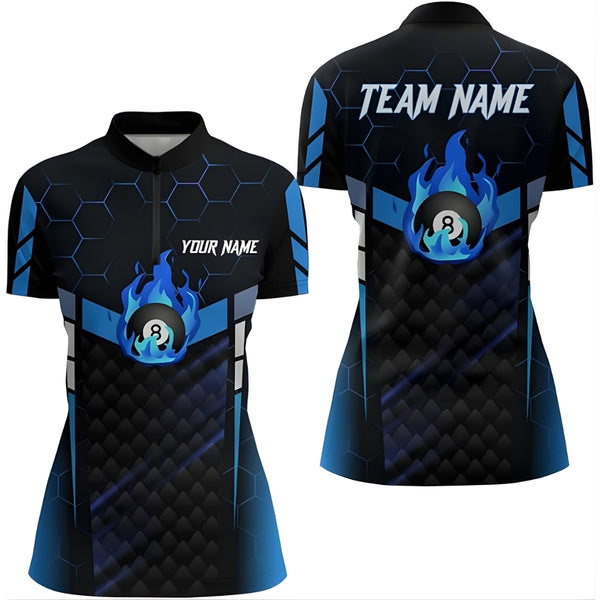Custom Neon Blue Flame 8 Ball Billiard Jersey For Ladies, Women's Custom Team 8 Ball Billiard Shirts BIZ0204