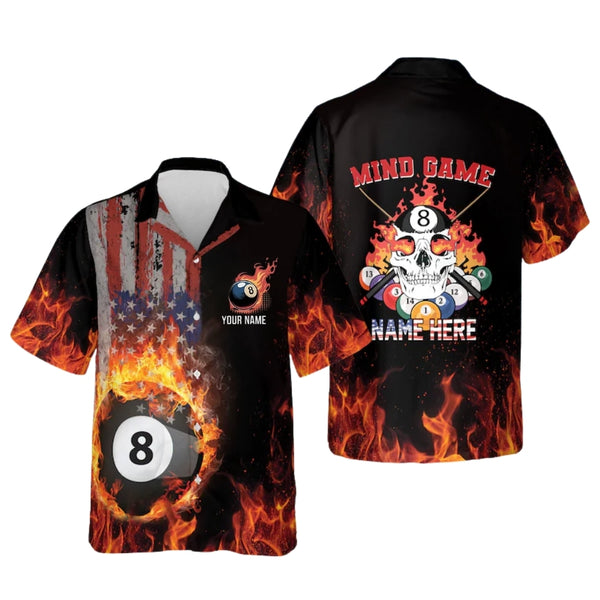 Custom Mind Game Flame Billiard Hawaiian Shirt For Mens, Custom Flame Skull Billiard Team Shirts BIE0025