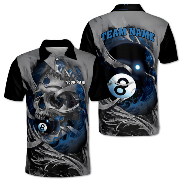 Custom Skull Billiard Polo Shirt For Men, Custom Flame Skull 8 Ball Billiards Team Shirts BI0043