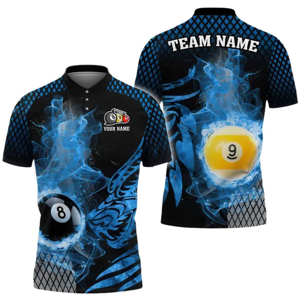 Custom Dragon Blue Flame Billiard Team Polo Shirt Mens, Custom Dragon Pool Billiard Shirt BIE0003