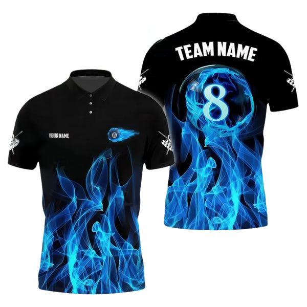 Custom Blue Flame 8 Ball Billiard Polo Shirt Mens, Custom Flame Pool Billiard Team Shirts BIE0007