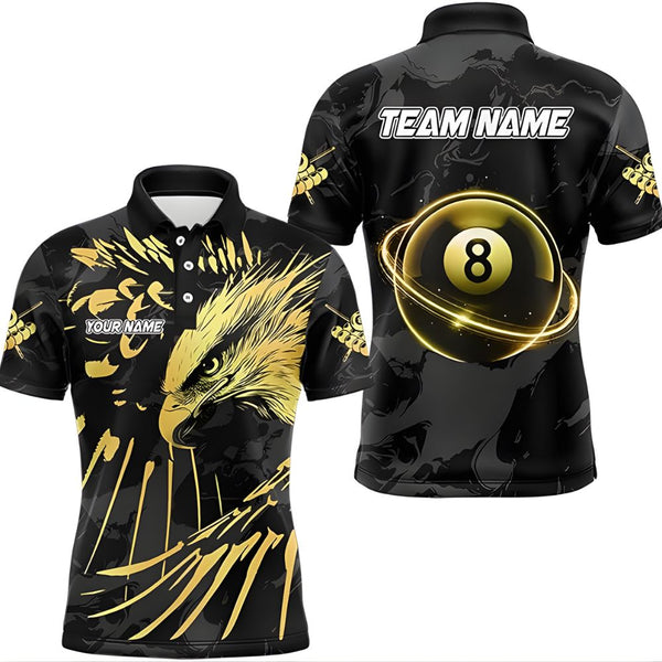 Custom Black And Gold Eagle 8 Ball Billiard Men Polo Team Shirt, Custom Eagle Pool Billiard Shirt BIZ0002