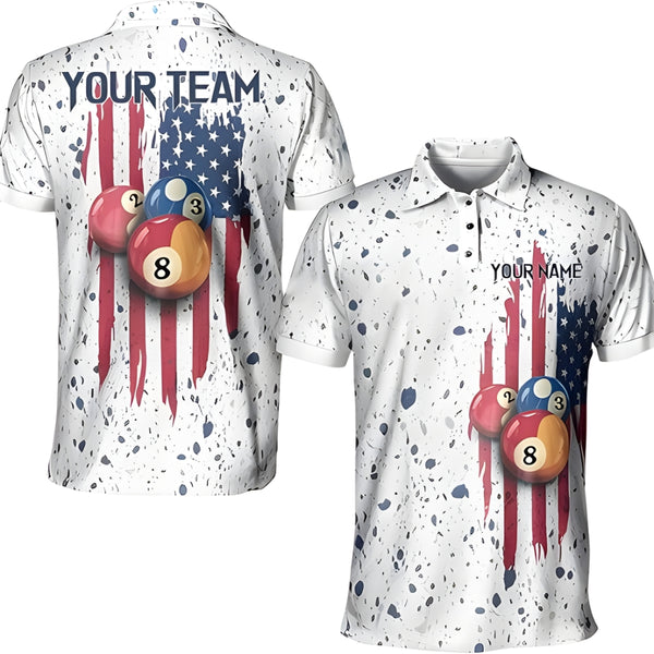 Custom American Flag 8 Ball Billiard Polo Shirt Mens, Custom Patriotic Pool Team Shirts BIZ0008