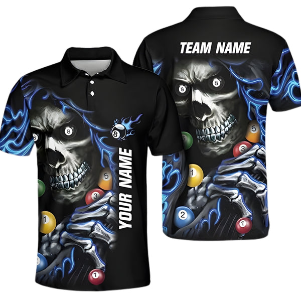 Custom Blue Billiard Polo Shirt For Men, Custom Skull Billiard Team Shirts BIZ0009