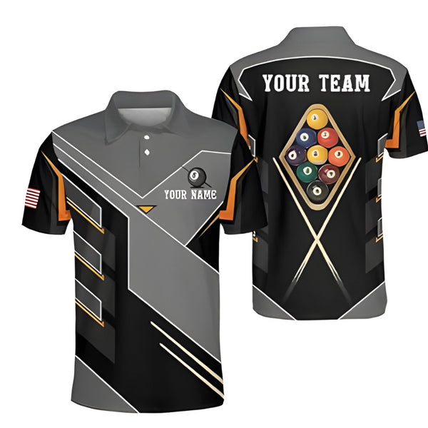 Custom Team Black Grey 9 Ball Billiard Men Polo Shirt, Custom Pool Players Team Shirt For Men BIZ0018