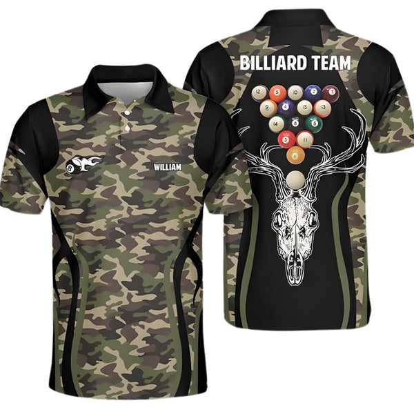 Custom Camo Deer 8 Ball Men's Billiard Polo Shirt, Custom Camo Pool Billiard Team Shirts BIZ0019