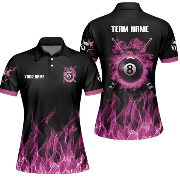 Custom Purple Flame 8 Ball Women's Billiard Polo Shirt, Custom Flame Billiard Team Shirt BIZ0025