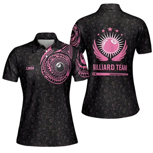 Custom Black And Pink Tribal Billiard Polo Shirt Women, Custom Tribal Billiard Team Shirt BIZ0026