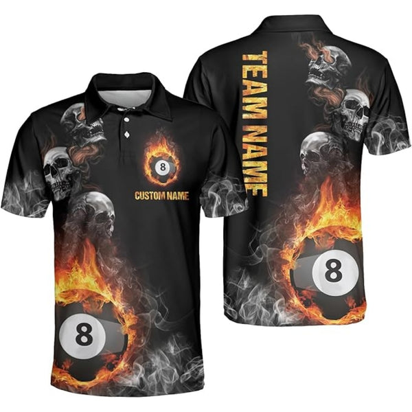 Custom Skull Flame 8 Ball Billiard Polo Shirt Men, Custom Skull Billiard Team Shirt BIZ0029