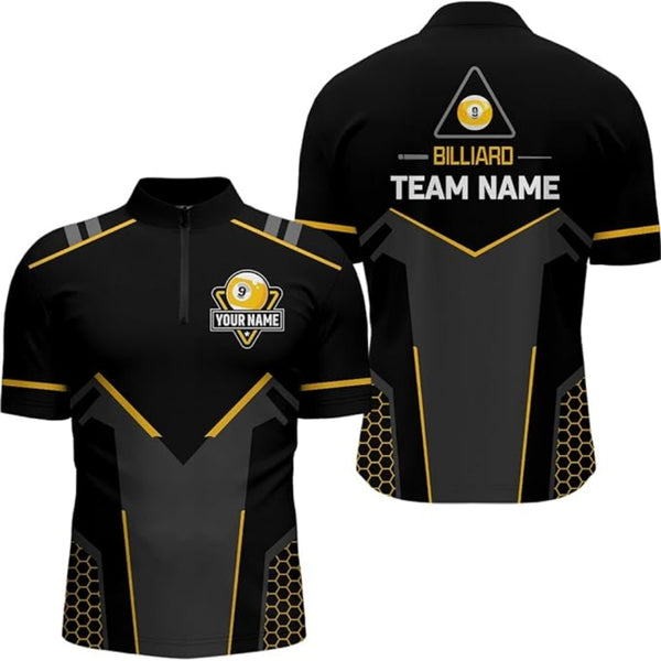 Custom Black And Yellow 9 Ball Billiard Team Jersey For Men, Custom Pool Billiard Team Shirts BIZ0032