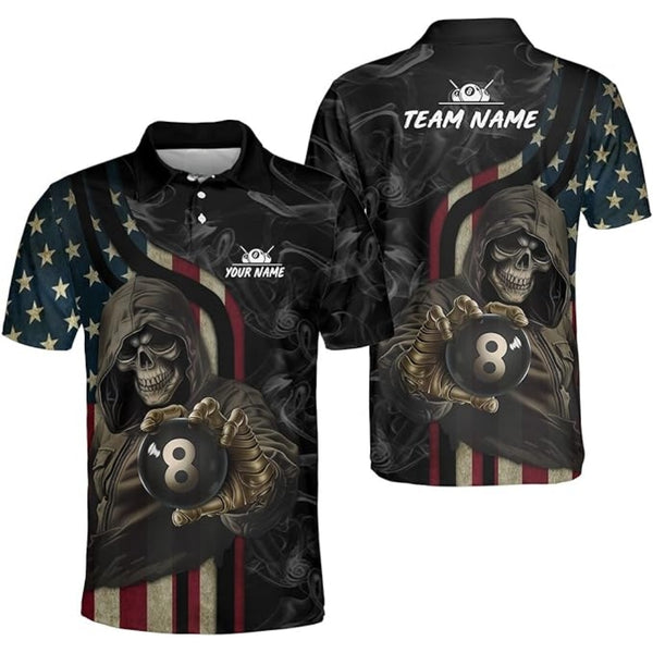 Custom Skull Billiard Polo Shirt For Men, Custom Patriotic Skull Billiard Team Shirts BIZ0035
